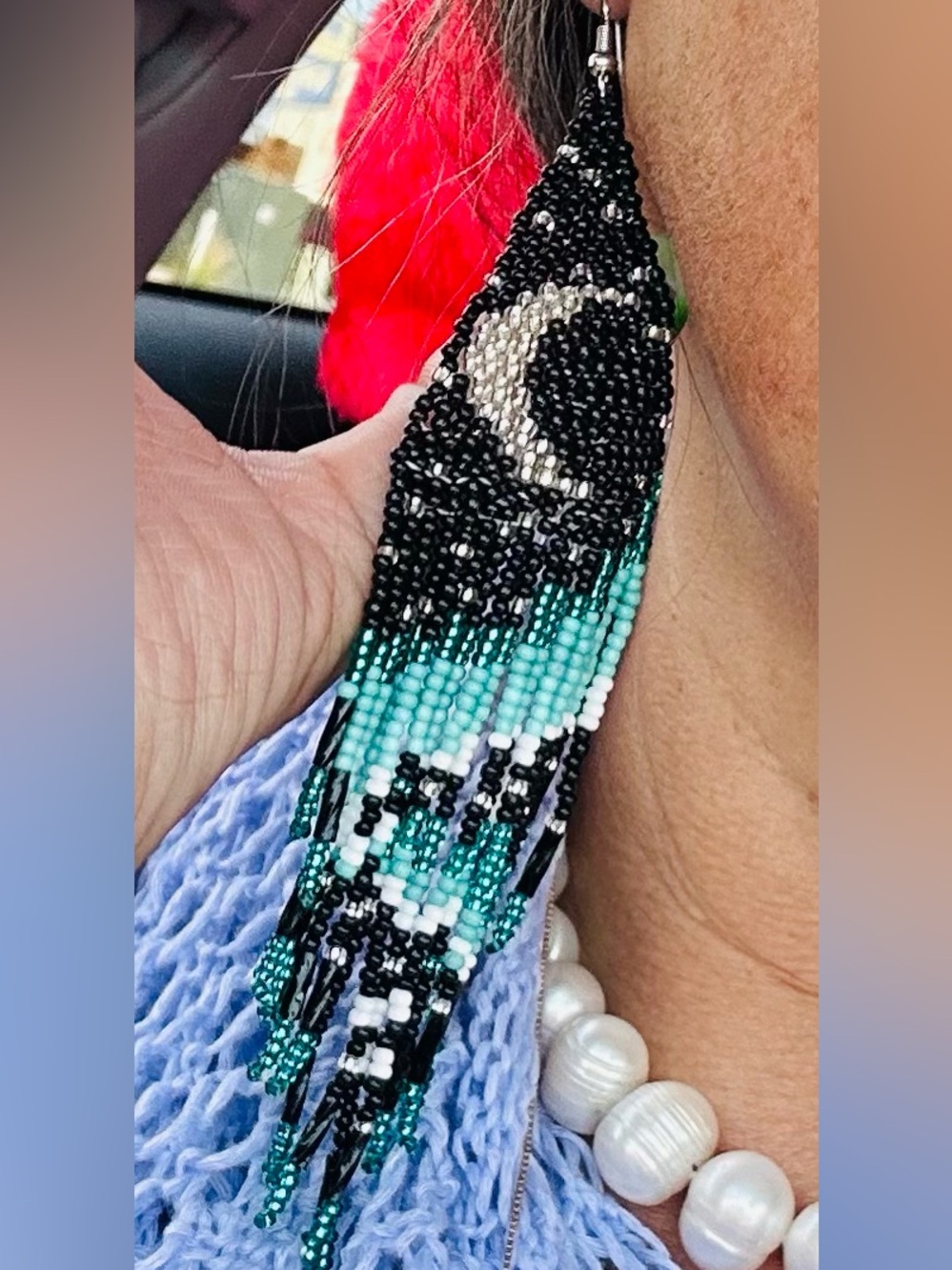 Handmade Beaded Fringe Earrings in Black and Teal